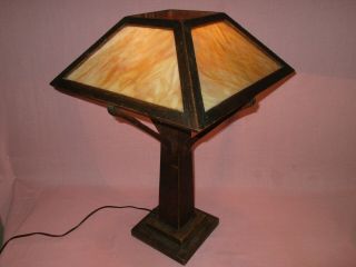 Antique Mission Oak American Arts & Crafts W.  B.  Brown Slag Glass Wood Table Lamp