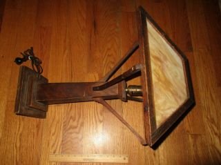 Antique Mission Oak American Arts & Crafts W.  B.  Brown Slag Glass Wood Table Lamp 6