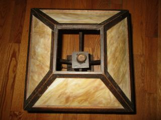 Antique Mission Oak American Arts & Crafts W.  B.  Brown Slag Glass Wood Table Lamp 7