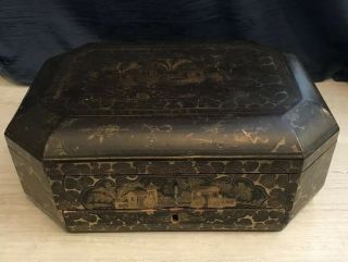 Antique Chinese Lacquered Wood Caddy Sewing Box 19th Century Possibly Earlier