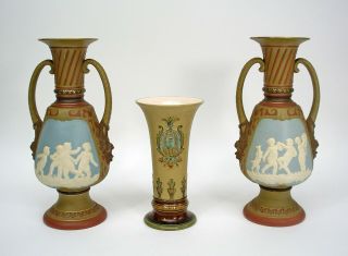 3 Mettlach Villeroy & Boch Vases Including Phanolith Cameo Vases 2431,  Ca.  1890