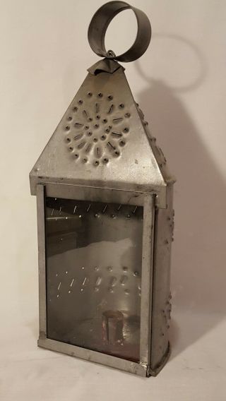 Vintage Punched Tin Candle Lantern With Glass Window And Mounting Brackets