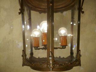 ANTIQUE BRONZE HANGING LANTERN CHANDELIER LAMP FOYER BRASS LUSTRE OLD 3