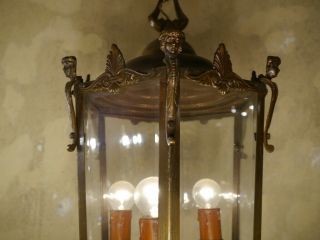 ANTIQUE BRONZE HANGING LANTERN CHANDELIER LAMP FOYER BRASS LUSTRE OLD 4
