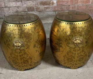Antique Chinese Ceramic Painted Lacquered Barrel Shaped Tables Foo Dog