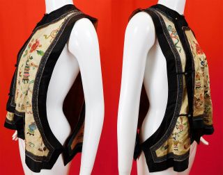 Antique Chinese Silk Embroidered Forbidden Stitch Semi Formal Vest Robe Jacket 3