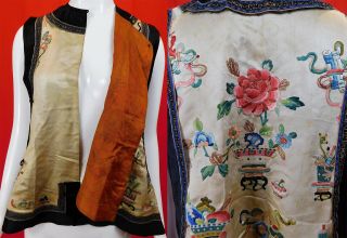 Antique Chinese Silk Embroidered Forbidden Stitch Semi Formal Vest Robe Jacket 4