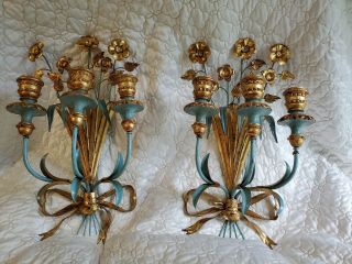 Mid - Century Hollywood Regency Italian Tole Wall Sconces Vintage French Blue