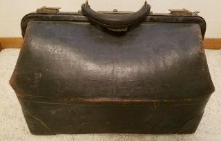Antique Black Leather Cowhide Large Medical Doctor Bag
