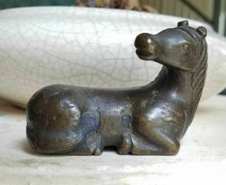 Rare Bronze Horse In Repose Paper Scroll Weight Possibly Ming/early Qing Antique