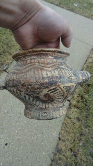 Pre Columbian?? Pottery Vase Pot Hand Painted Old Antique 6 X 9 1/2 In