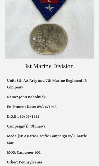 Wwii Usmc Dog Tag 1st Marine Division Okinawa