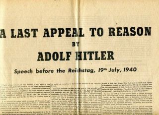 World War Ii Propaganda Leaflet,  From The Fuhrers Speech On July 19,  1940