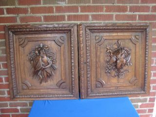 Pair Antique French Carved Oak Doors With Grouse & Fish Trophy Decoration