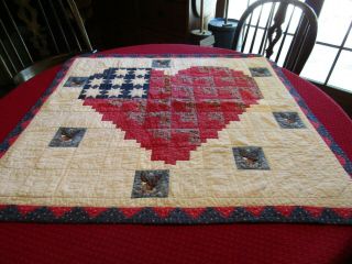 Primitive Vintage Red,  White And Blue Table Square - Heart/flag - 36 " X 39 "