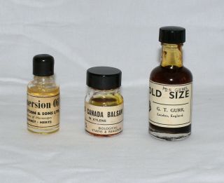 3 X Bottles Of Oil For Old Microscope; Immersion,  Canada Balsam,  