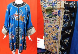 Antique Chinese Blue Silk Colorful Embroidered Long Robe Peacock Seeve Band Cuff