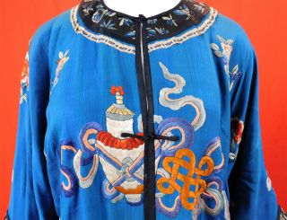Antique Chinese Blue Silk Colorful Embroidered Long Robe Peacock Seeve Band Cuff 2