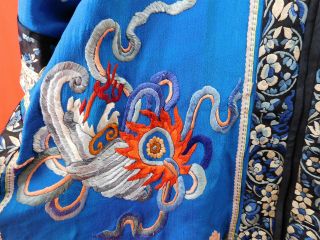 Antique Chinese Blue Silk Colorful Embroidered Long Robe Peacock Seeve Band Cuff 3