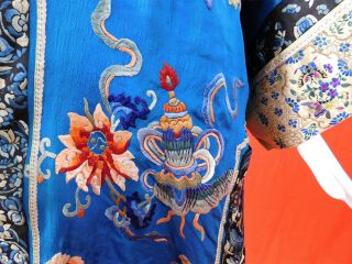 Antique Chinese Blue Silk Colorful Embroidered Long Robe Peacock Seeve Band Cuff 4