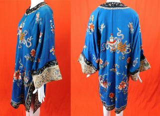 Antique Chinese Blue Silk Colorful Embroidered Long Robe Peacock Seeve Band Cuff 5