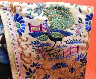 Antique Chinese Blue Silk Colorful Embroidered Long Robe Peacock Seeve Band Cuff 7