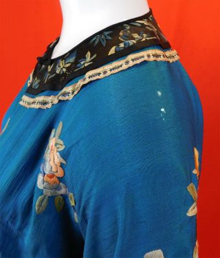 Antique Chinese Blue Silk Colorful Embroidered Long Robe Peacock Seeve Band Cuff 9