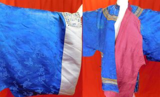 Antique Chinese Royal Blue Silk Wide Embroidered Sleeve Band Cuffs Manchu Robe 9