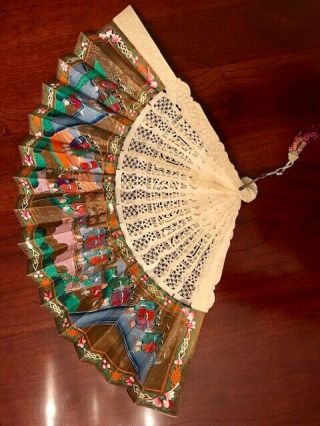 Antique Chinese Mandarin 1000 Faces Hand Painted And Fan