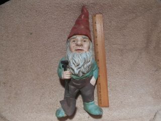 Vintage Cast Iron Garden Gnome Holding Shovel 13 " 1