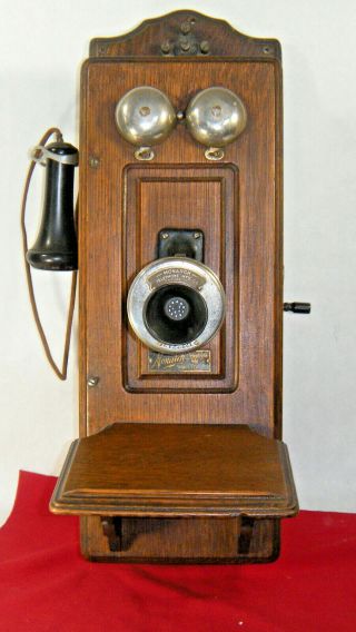 Antique Monarch Oak Wall Crank Telephone - Complete