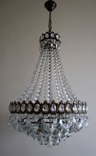 Antique French Basket Style Brass & Crystals HUGE Chandelier from 1950 ' s RARE 2