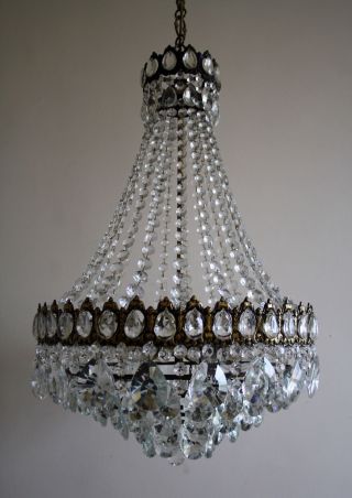 Antique French Basket Style Brass & Crystals HUGE Chandelier from 1950 ' s RARE 3
