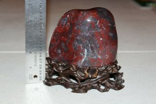 ANTIQUE CHINESE CHICKEN BLOOD STONE STATUE SCULPTURE ON CARVED WOOD STAND 10