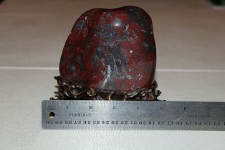 ANTIQUE CHINESE CHICKEN BLOOD STONE STATUE SCULPTURE ON CARVED WOOD STAND 11