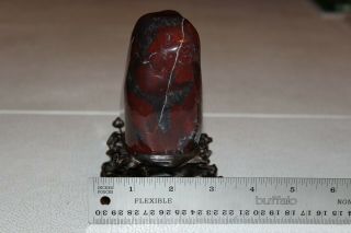 ANTIQUE CHINESE CHICKEN BLOOD STONE STATUE SCULPTURE ON CARVED WOOD STAND 12