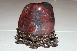 Antique Chinese Chicken Blood Stone Statue Sculpture On Carved Wood Stand