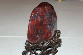 ANTIQUE CHINESE CHICKEN BLOOD STONE STATUE SCULPTURE ON CARVED WOOD STAND 9
