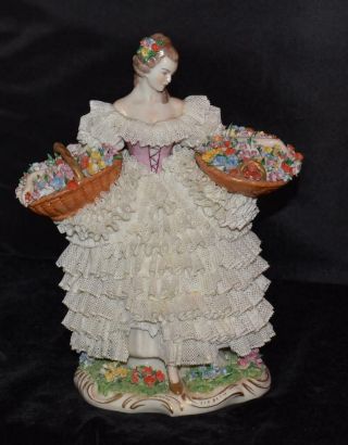 Vintage Sitzendorf Dresden Lace Figurine - Lady W/flower Baskets - 9.  5 " H