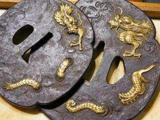 DAISHO Dragon TSUBA for Katana & Wakizashi Japanese Edo Koshirae Antique 5