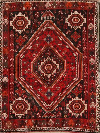 Vintage Geometric Tribal Shiiraz Qashqai Persian Hand Knotted Red Area Rug 4x5