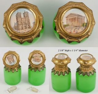 Fine Antique French Eglomise Scent Bottles in Necessaire,  Casket,  Green Opaline 6