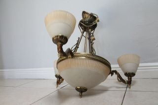 Vintage French Brass 3 Arm Glass Bowl Chandelier 2