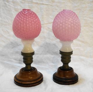 Victorian Hobnail Pink Clambroth Glass Newel Post Finials Pair