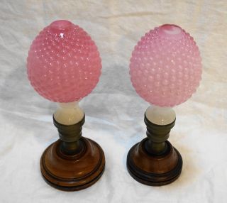 Victorian Hobnail Pink Clambroth Glass Newel Post Finials Pair 2