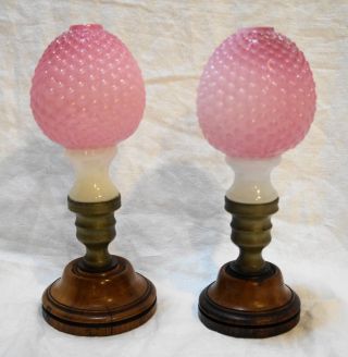 Victorian Hobnail Pink Clambroth Glass Newel Post Finials Pair 3