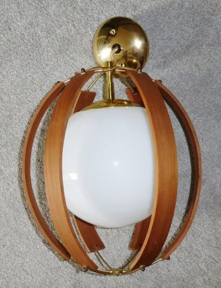 Best Vtg.  Mid Century Modern Mcm Danish Teak Brass Glass Orb Hanging Lamp Light