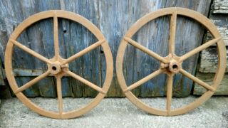 Antique Vintage Pair Iron Spoked Wheels Farming Industrial Wagon Cart Barrow