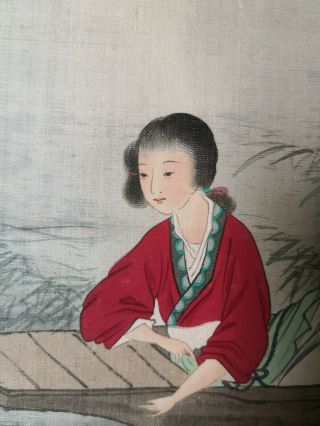 Antique Chinese Painting on Silk with Girl in Red Boating Under Willow Tree 10
