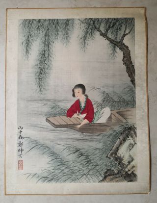 Antique Chinese Painting On Silk With Girl In Red Boating Under Willow Tree